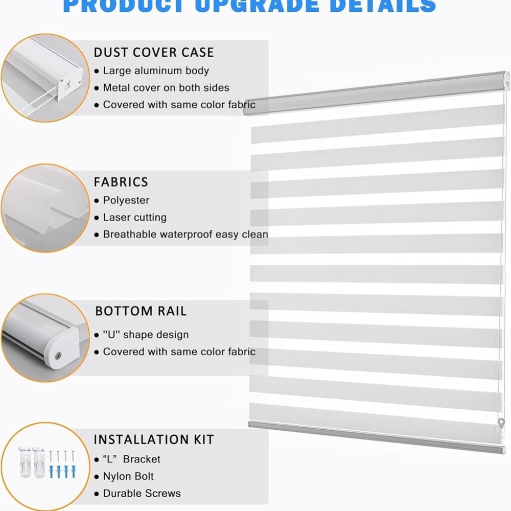 Jiangpin Zebra Roller Blinds Shades 32x72 White Double Layered Light Filtering - Picture 5 of 12
